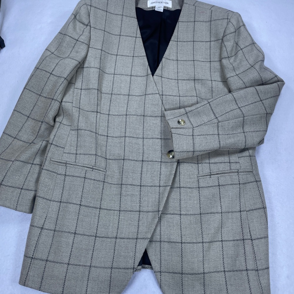 Jones New York Womens Tan Plaid Collarless Longline Blazer Jacket Size 14